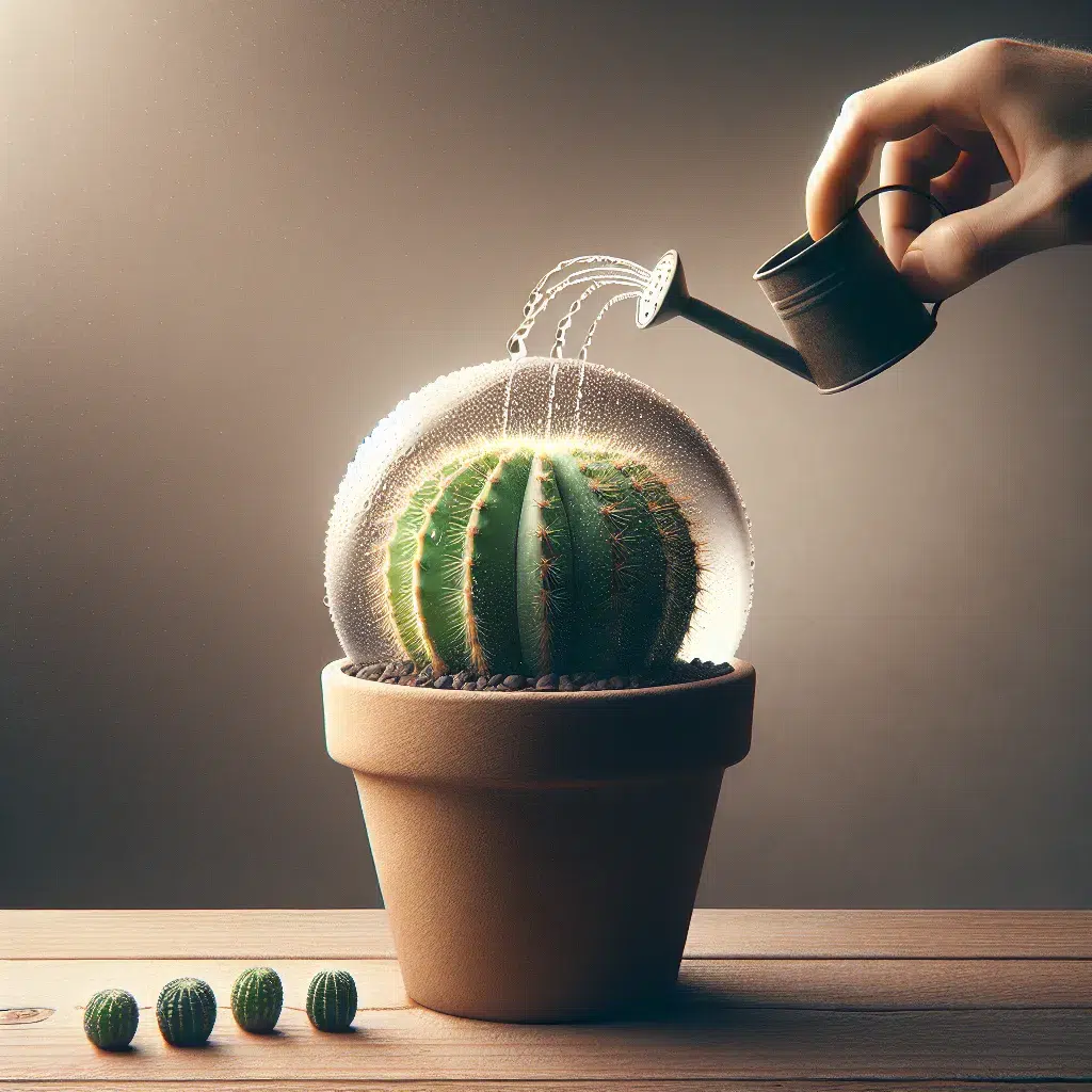 Imagen de un cactus en una maceta siendo regado con cuidado, ilustrando la correcta técnica de riego para mantener la salud de la planta.