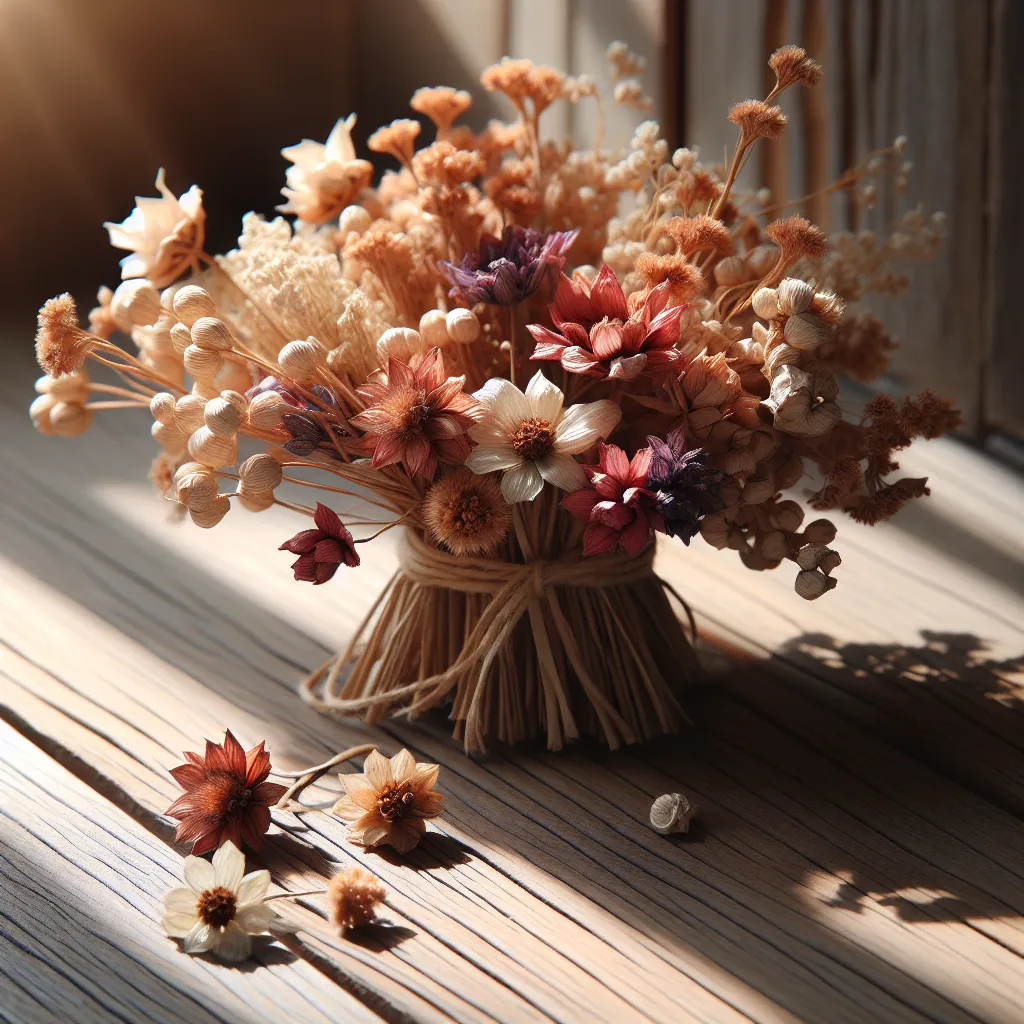 Ramito de flores secándose al sol en una mesa de madera.