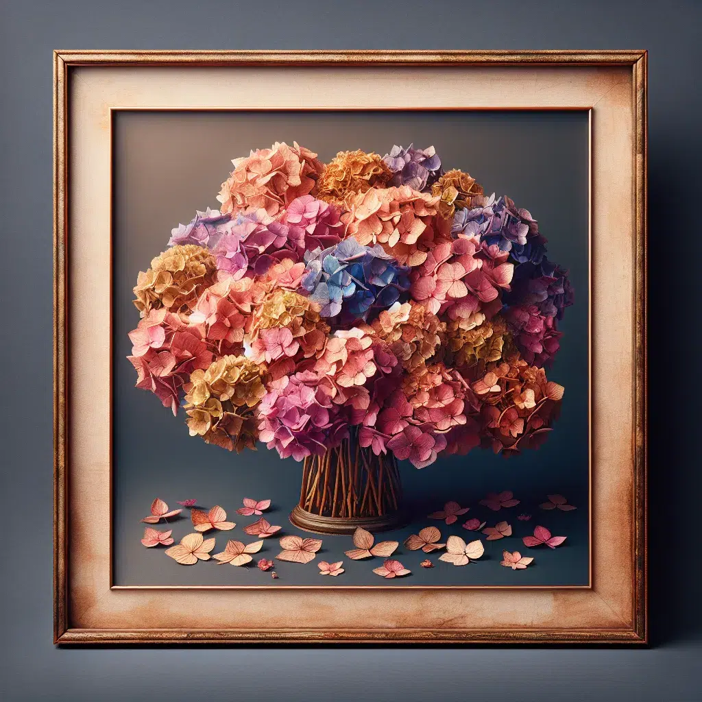Imagen de un ramo de hortensias secándose delicadamente para conservar su color vibrante.