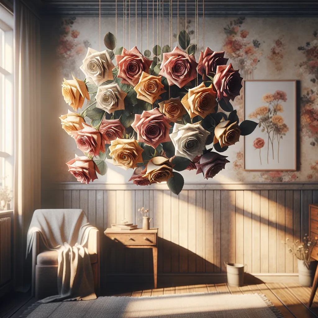 Imagen de un ramo de rosas colgado boca abajo para secar en casa.