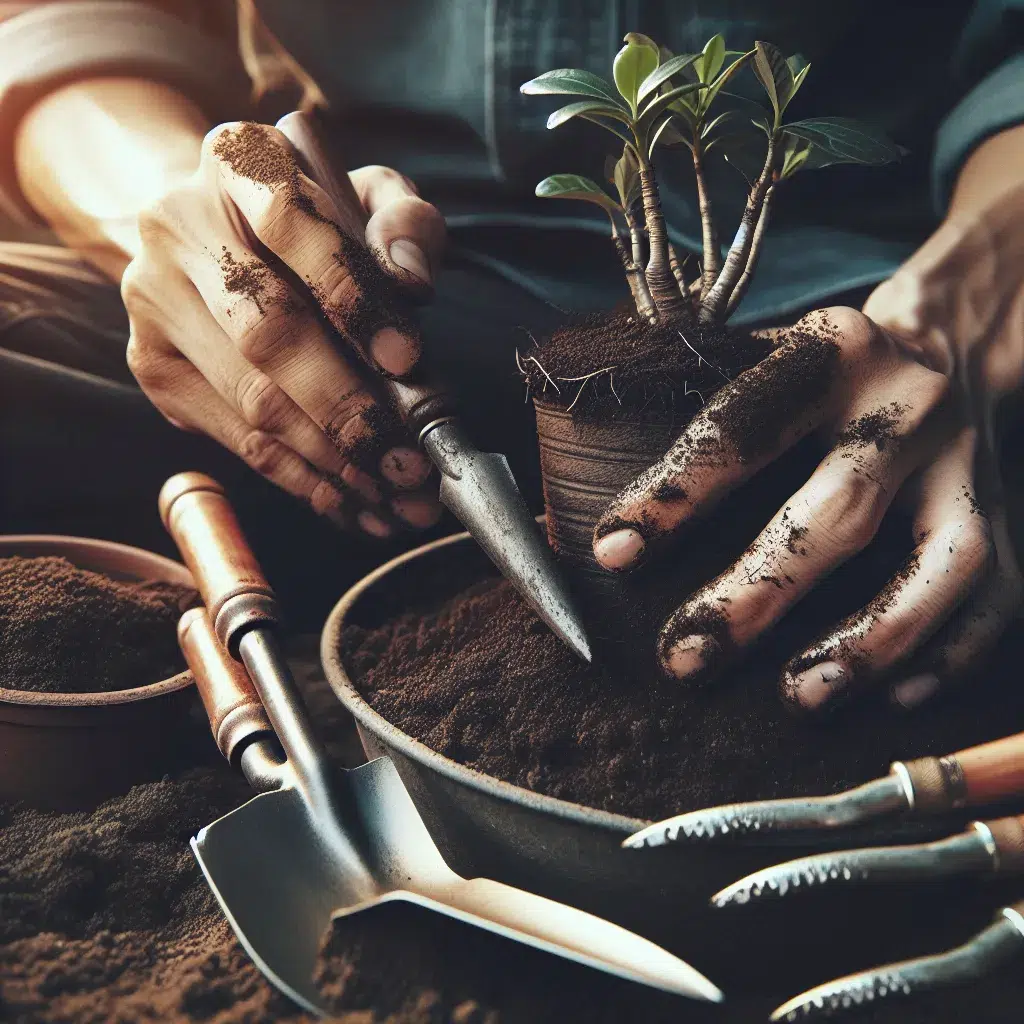 Imagen de manos cuidadosas trasplantando una planta de exterior con herramientas de jardinería.