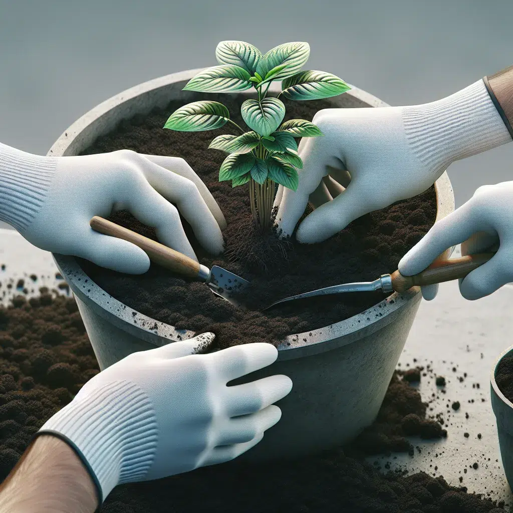Imagen de manos con guantes blancos trasplantando una planta de exterior en una maceta, mostrando el proceso paso a paso.