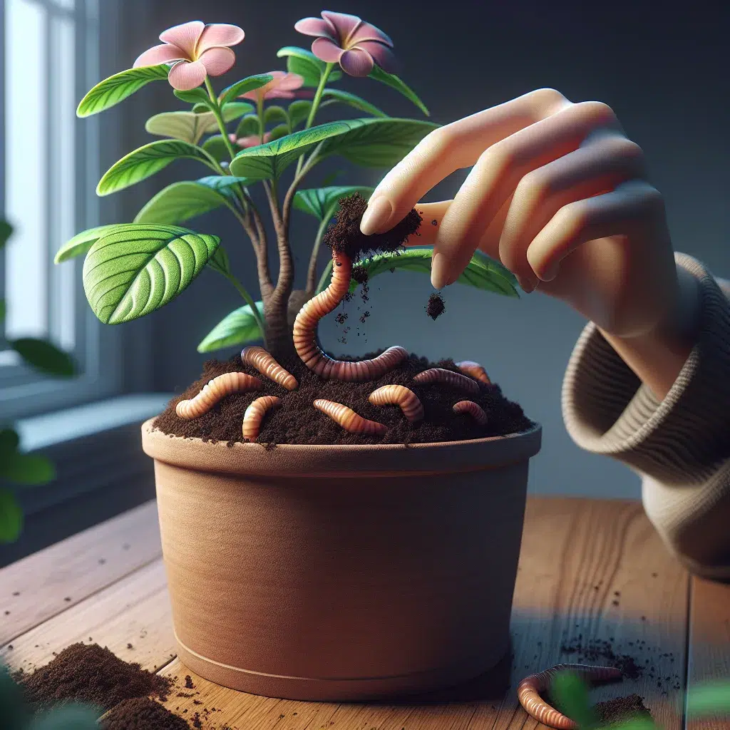 Imagen de una maceta con humus de lombriz siendo aplicado de forma cuidadosa para enriquecer la tierra y mejorar el crecimiento de las plantas en un ambiente doméstico.