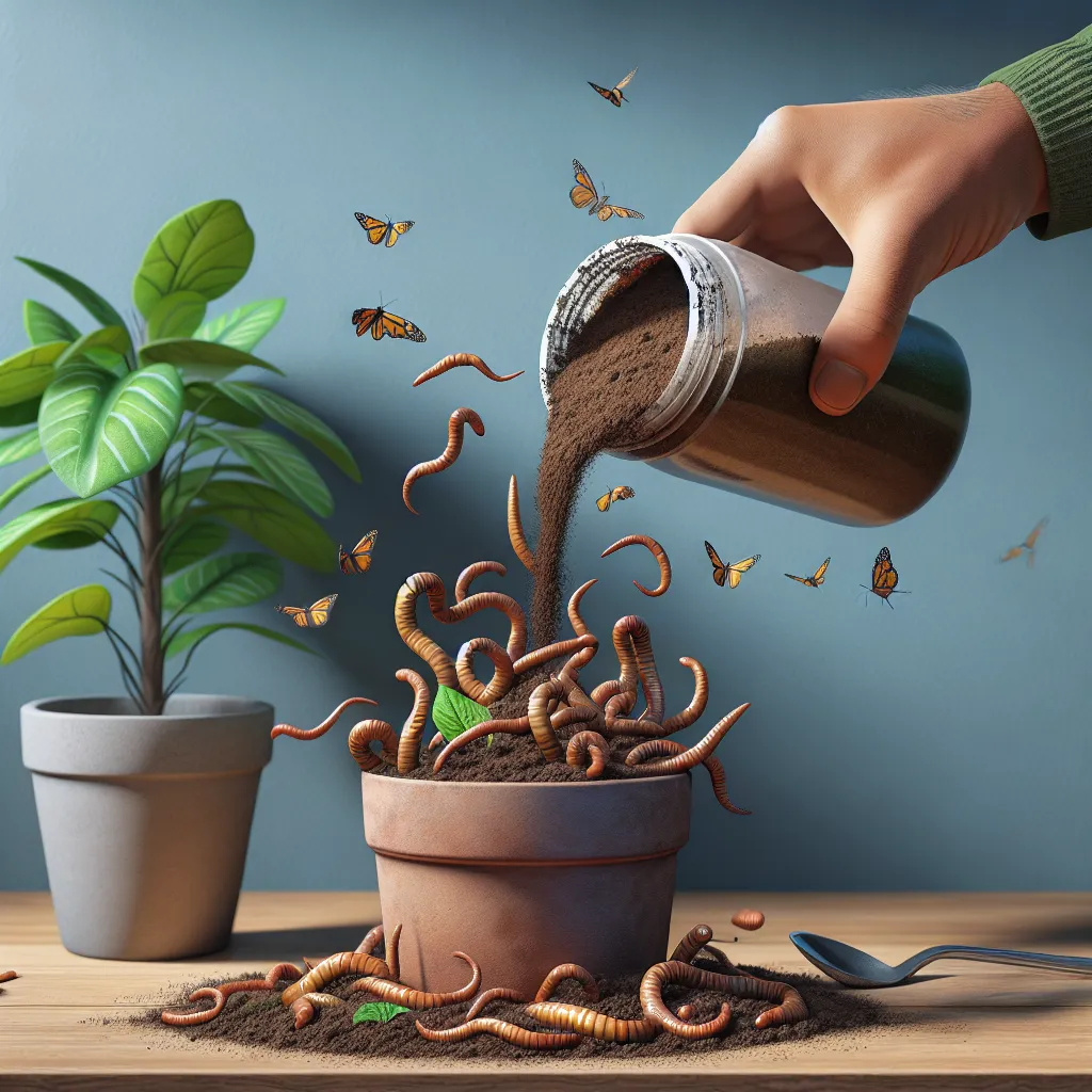 Foto de una persona vertiendo humus de lombriz en una maceta con plantas, mostrando el proceso de uso efectivo en macetas.