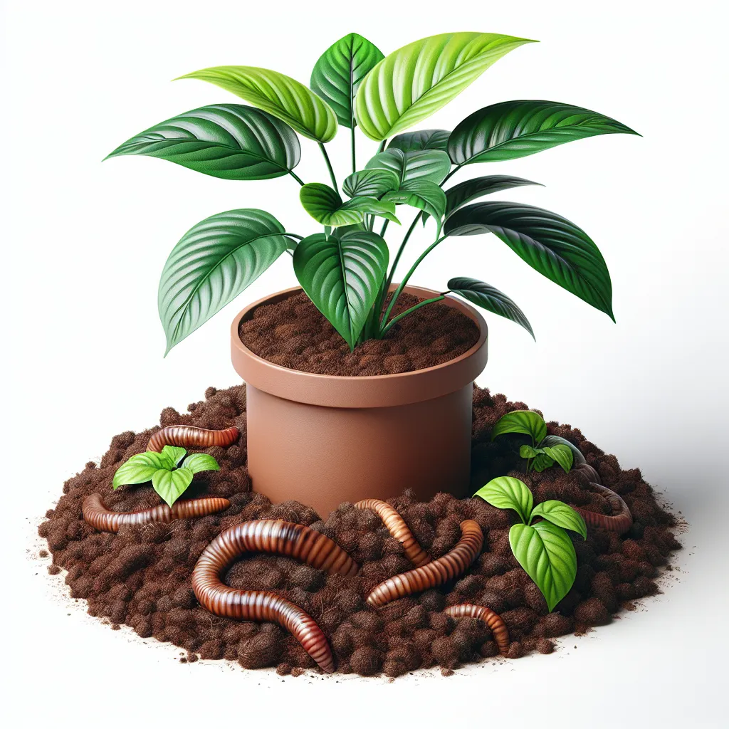 Maceta con planta de interior rodeada de humus de lombriz, mostrando cómo usar este fertilizante de forma efectiva para nutrir tus plantas.