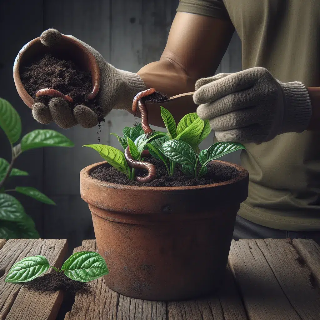 Imagen de una persona aplicando humus de lombriz en una maceta con plantas, mostrando cómo utilizarlo de forma efectiva.