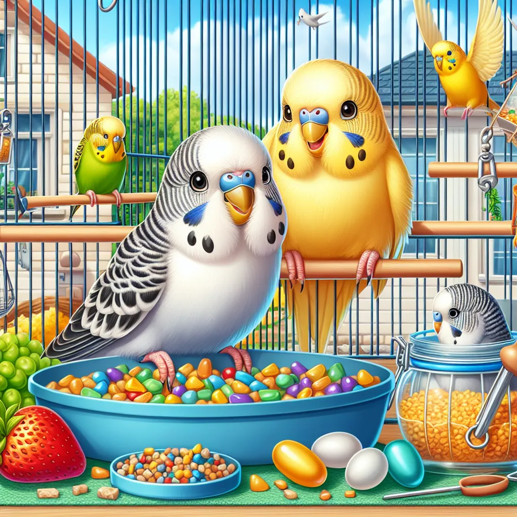 Imagen de periquitos felices en su jaula con juguetes y comida fresca, ilustrando la crianza adecuada de periquitos en casa.