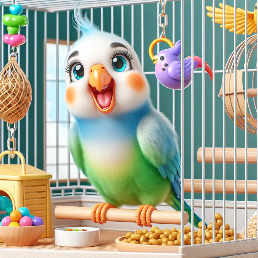 Imagen de un periquito feliz en su jaula con comida, juguetes y espacio suficiente para volar y jugar.