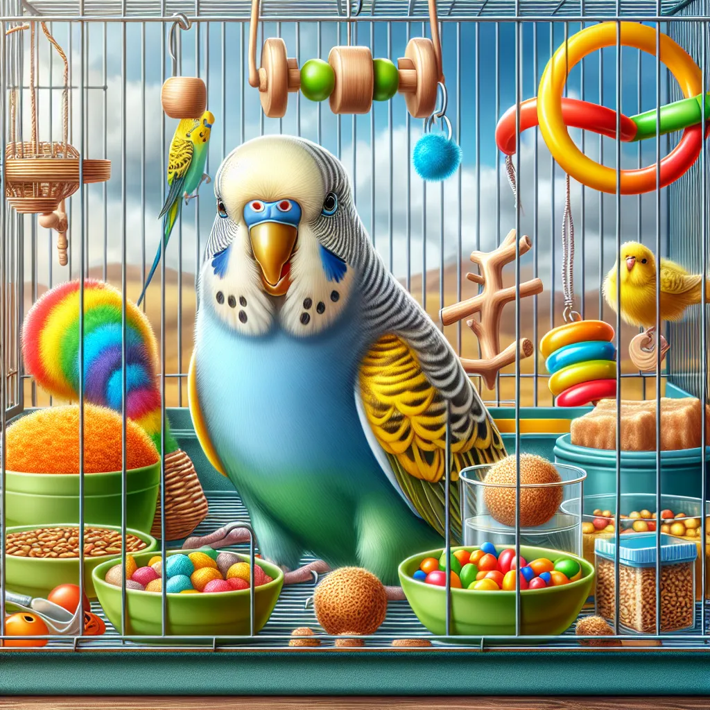 Imagen de un periquito feliz en su jaula, rodeado de juguetes y comida fresca, ilustrando los cuidados adecuados para criar periquitos en casa.