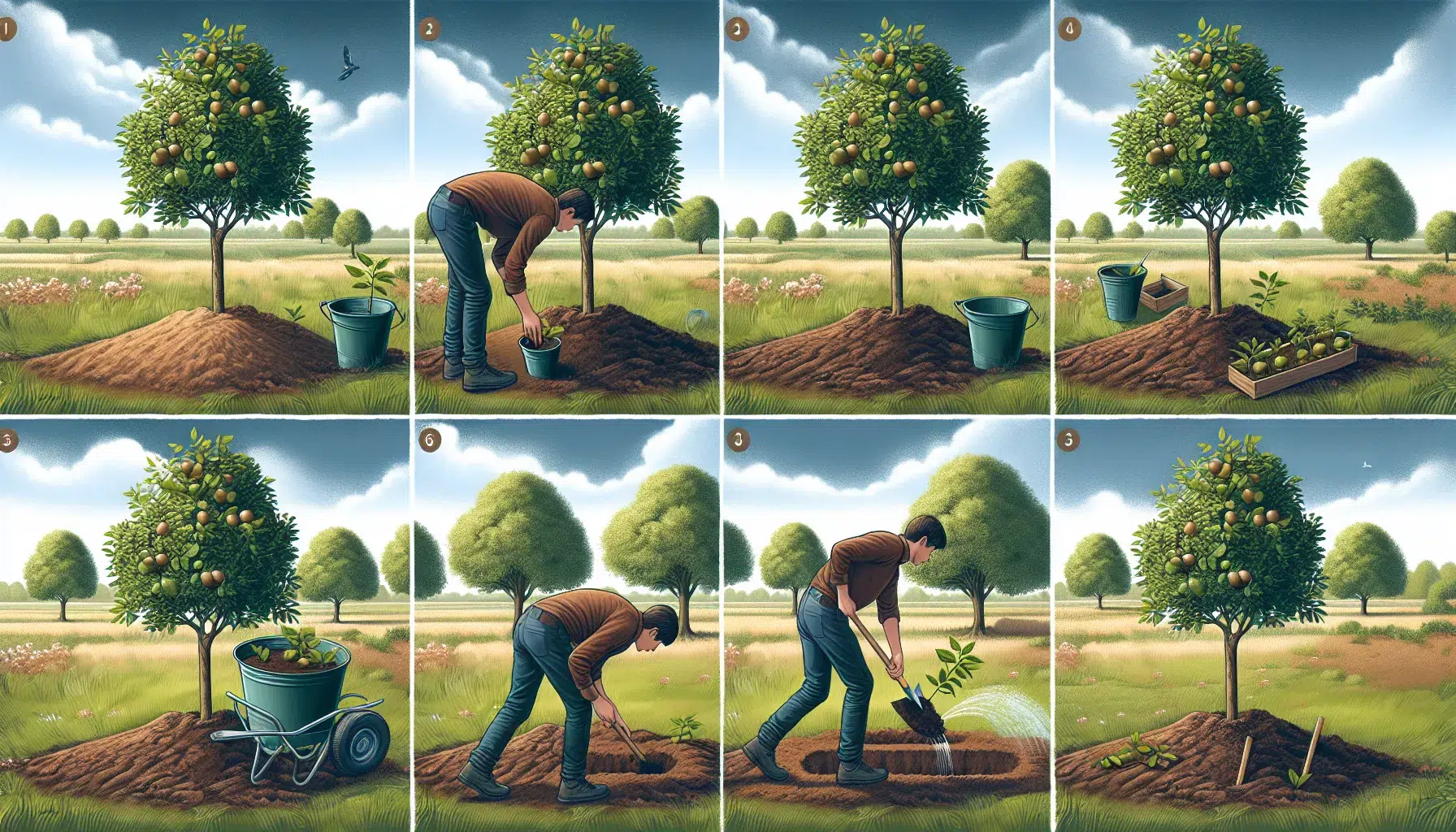 Imagen ilustrativa de un paso a paso para plantar árboles frutales en un jardín.