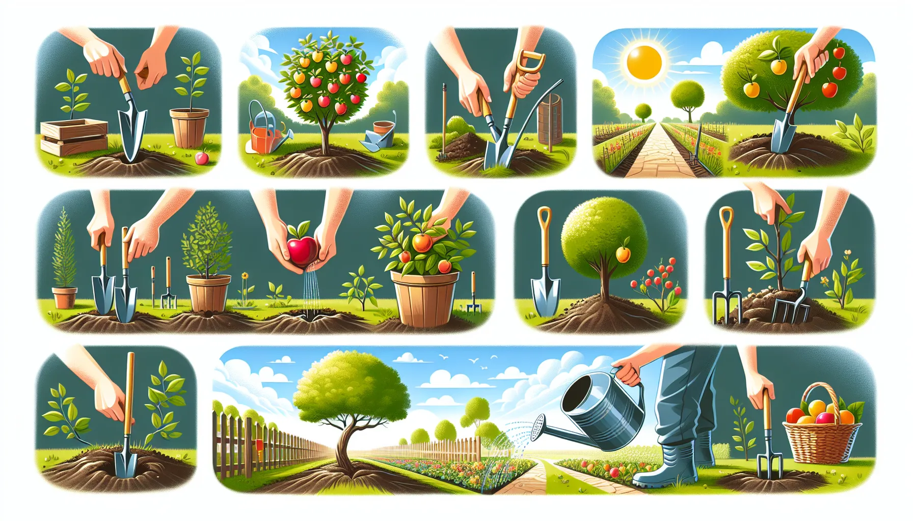 Imagen de un paso a paso ilustrado sobre cómo plantar árboles frutales en un jardín.