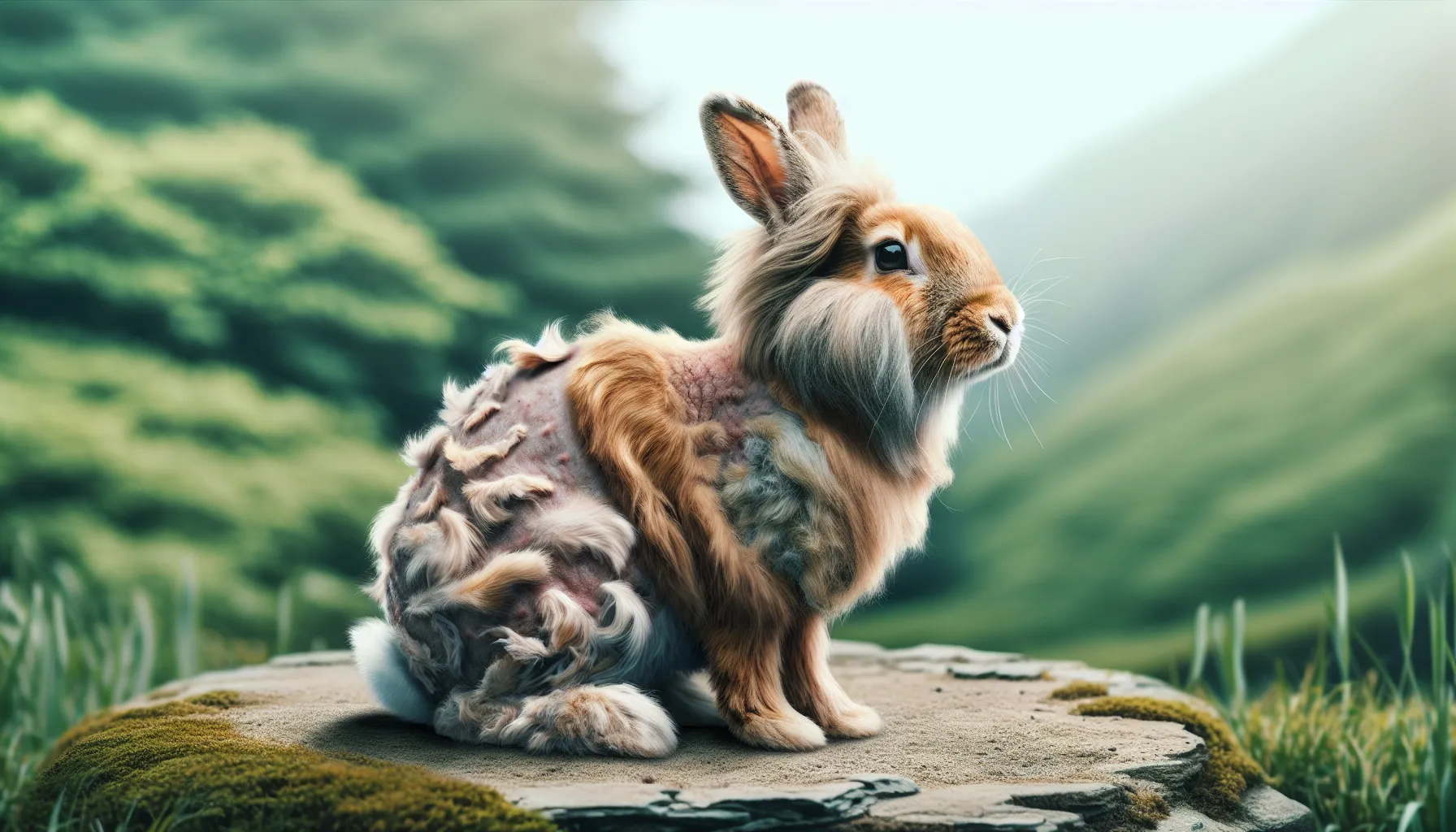 Imagen de un conejo mudando su pelaje, mostrando el proceso natural de renovación de su pelaje.