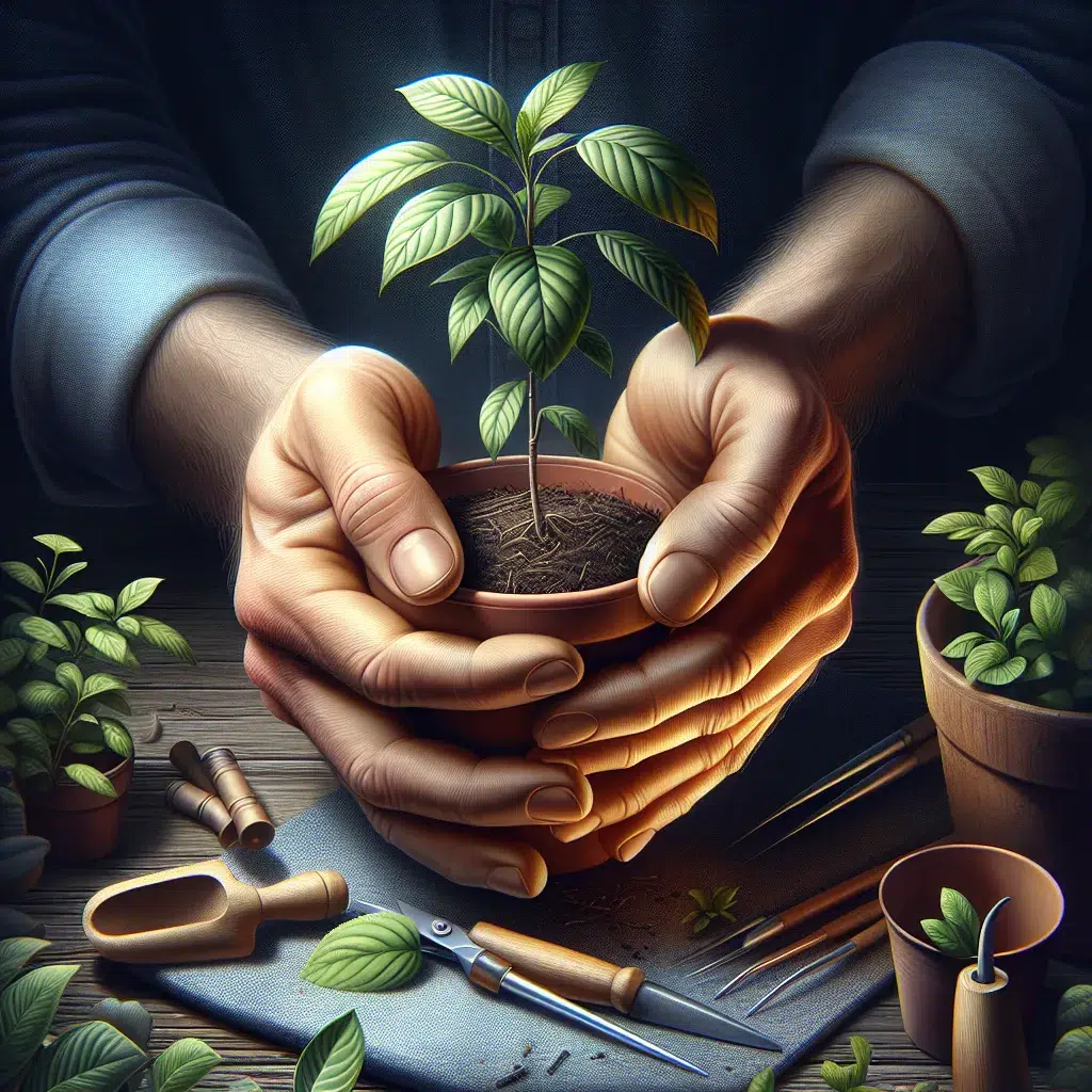 Imagen de manos cuidadosamente trasplantando una planta en una maceta, ilustrando el proceso efectivo de trasplante de plantas.