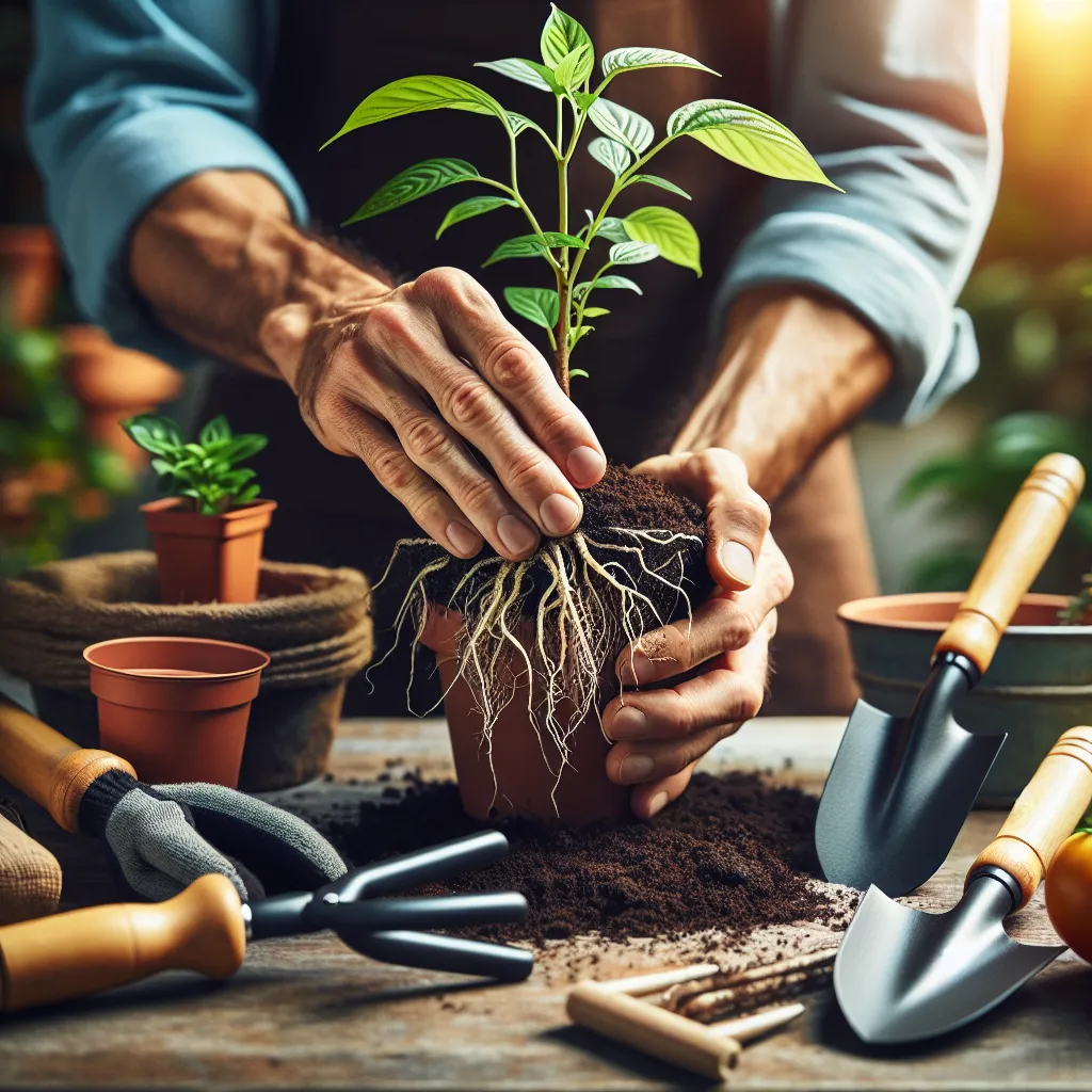Imagen de manos cuidadosas trasplantando una planta con raíces saludables en una maceta, acompañado por herramientas de jardinería y tierra fresca.