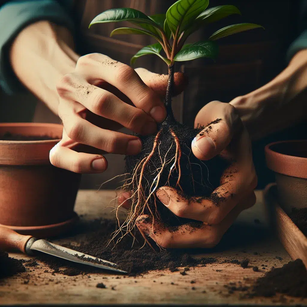 Imagen de manos cuidadosamente trasplantando una planta en una maceta, ilustrando los pasos para realizar trasplantes de manera efectiva