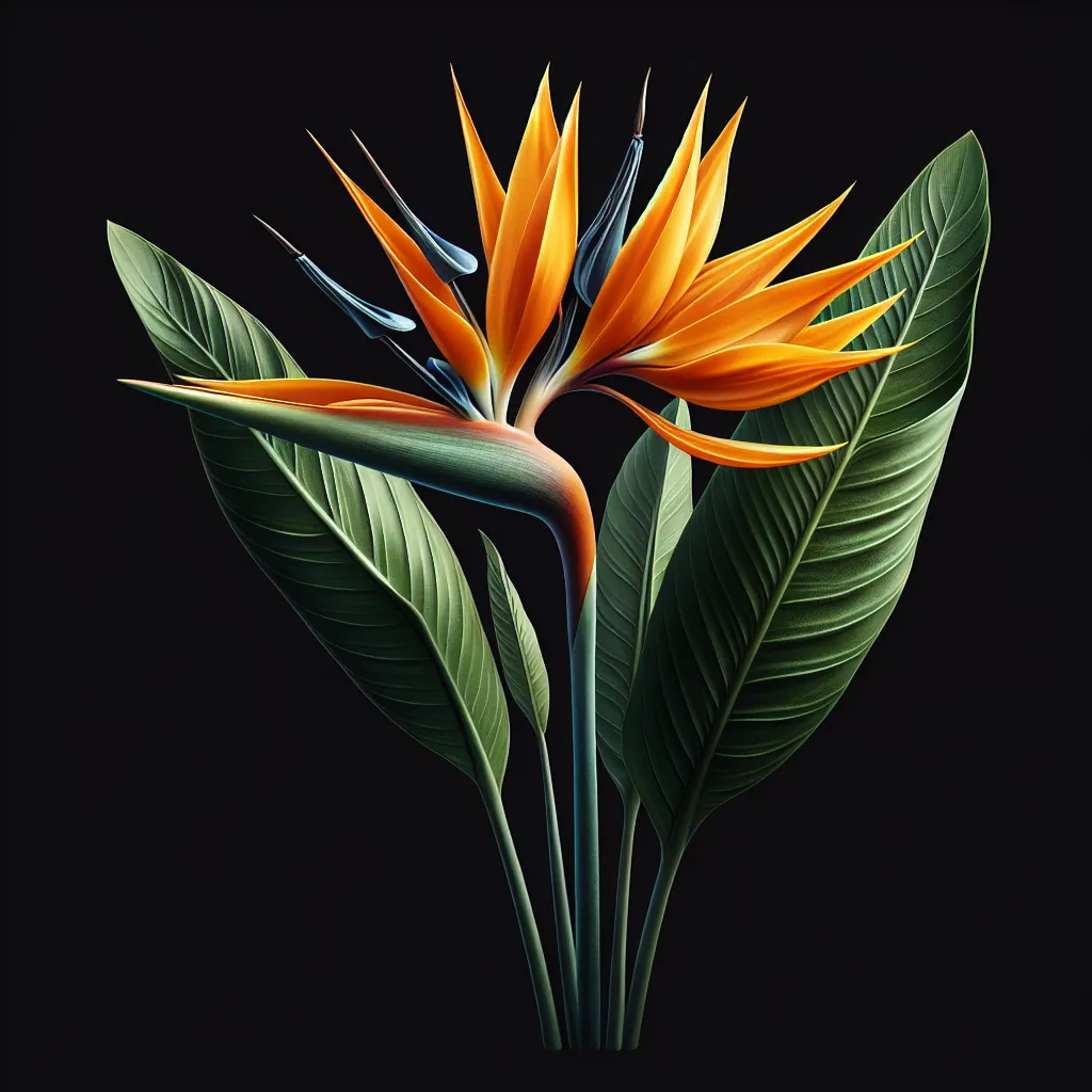 Imagen de una planta ave del paraíso Strelitzia, con hojas verdes brillantes y flores naranjas vibrantes, mostrando su belleza exótica y elegante.