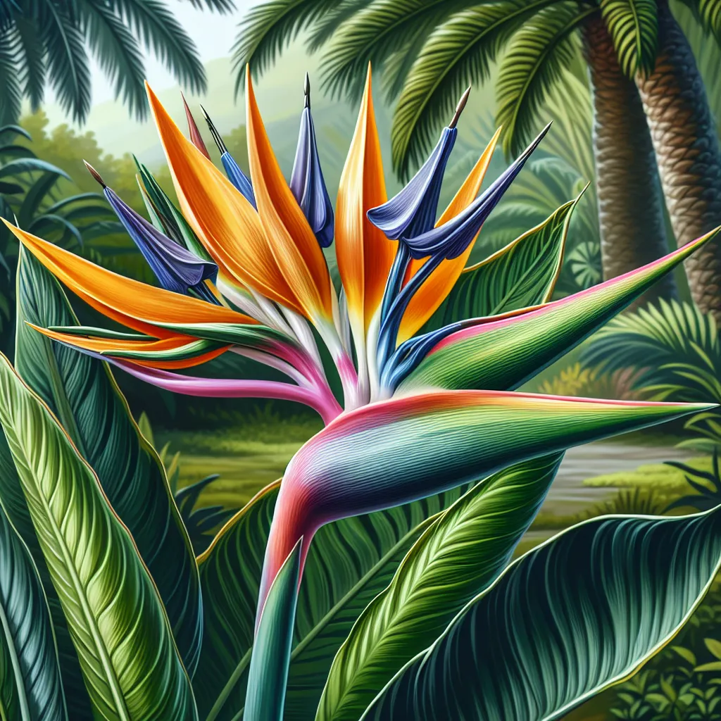 Imagen de una planta ave del paraíso Strelitzia en un entorno tropical, destacando su colorido y belleza natural.
