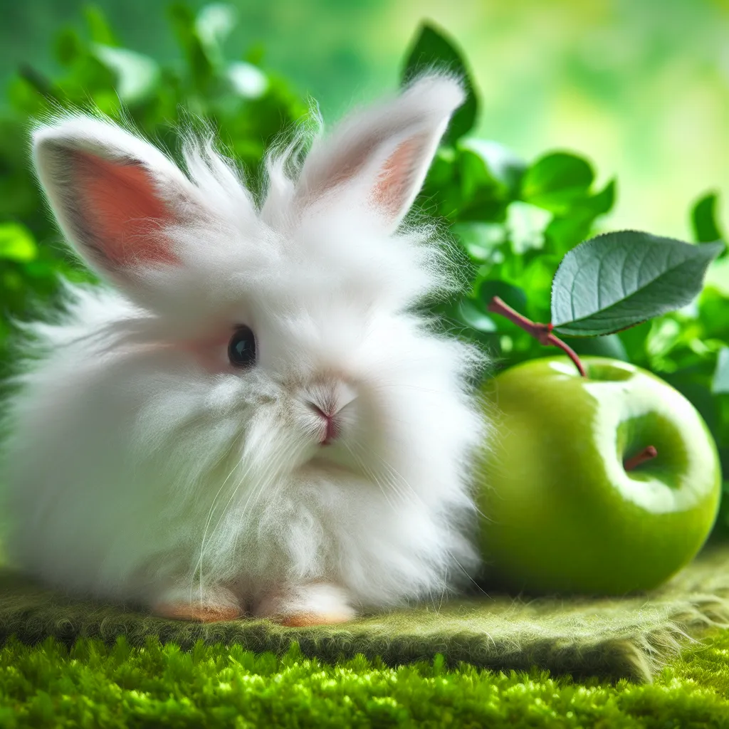 Imagen de un conejo blanco y esponjoso sobre un fondo verde, ilustrando las curiosidades sobre estos animales.