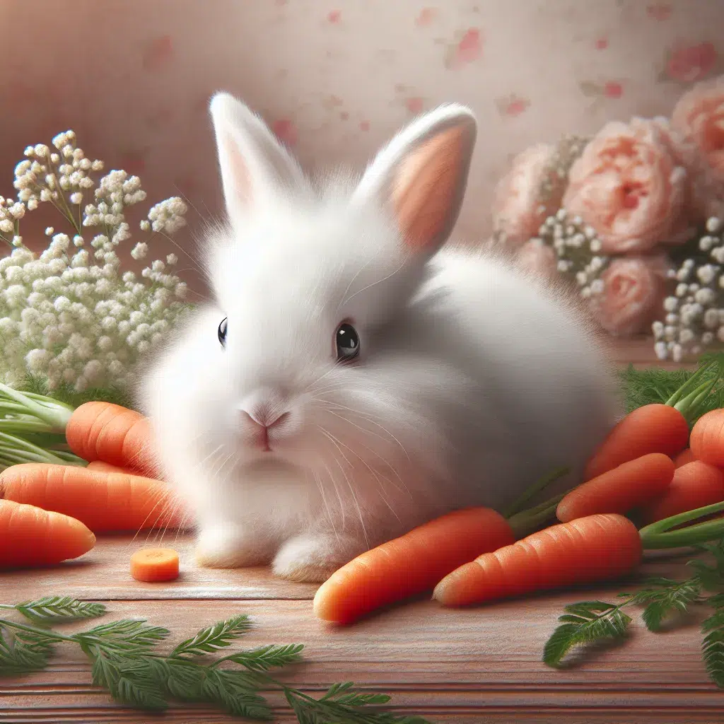 Imagen ilustrativa de un conejo blanco y esponjoso rodeado de zanahorias, representando la ternura y la curiosidad que caracterizan a estos pequeños animales.