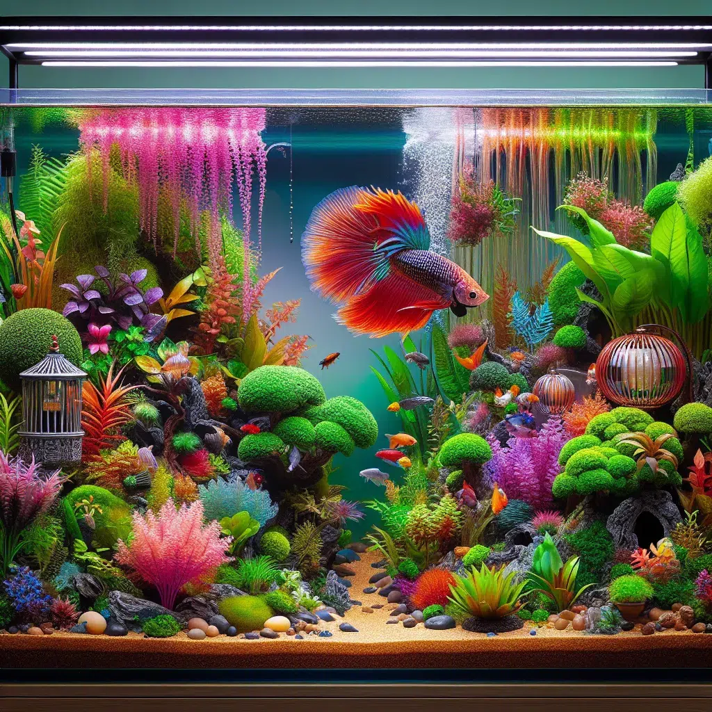 Acuario decorado con plantas y accesorios coloridos para pez Betta