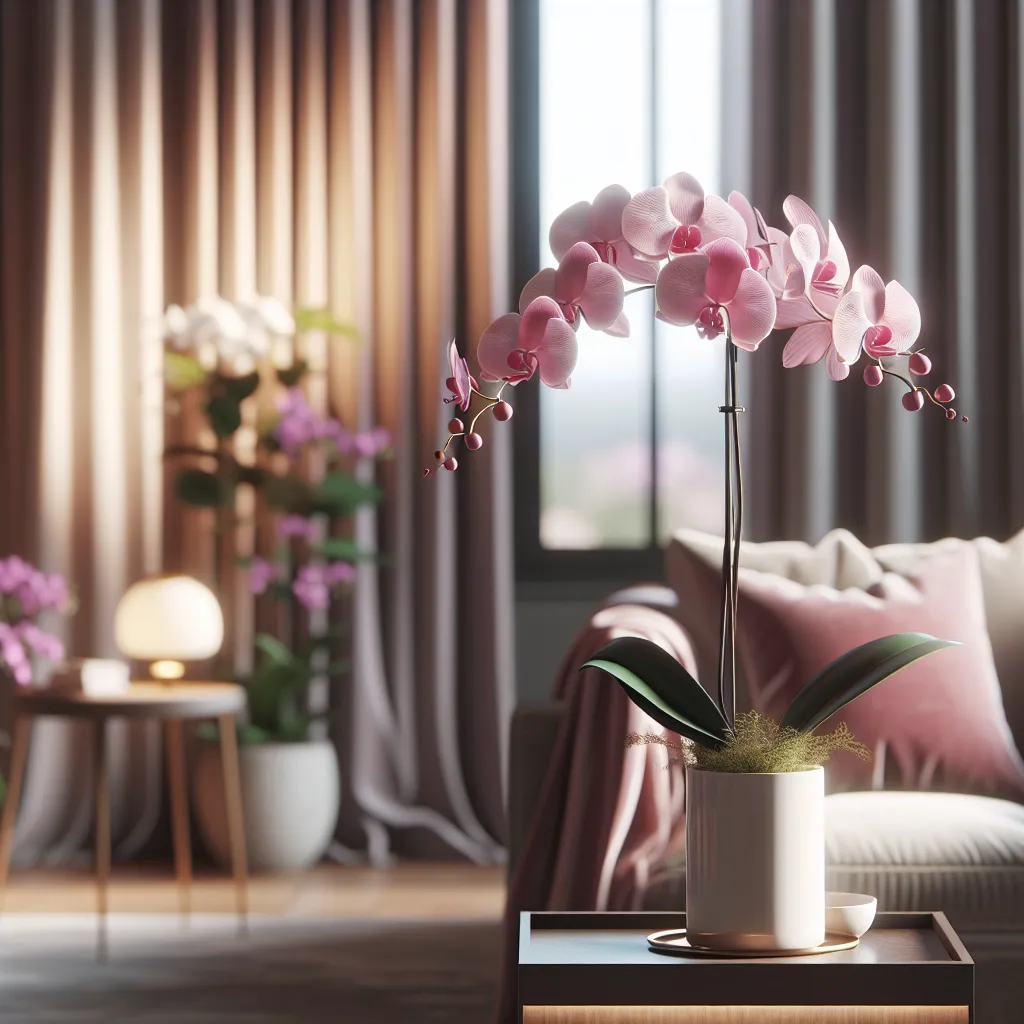 Una hermosa orquídea rosa en una maceta blanca decorando un ambiente acogedor y elegante.