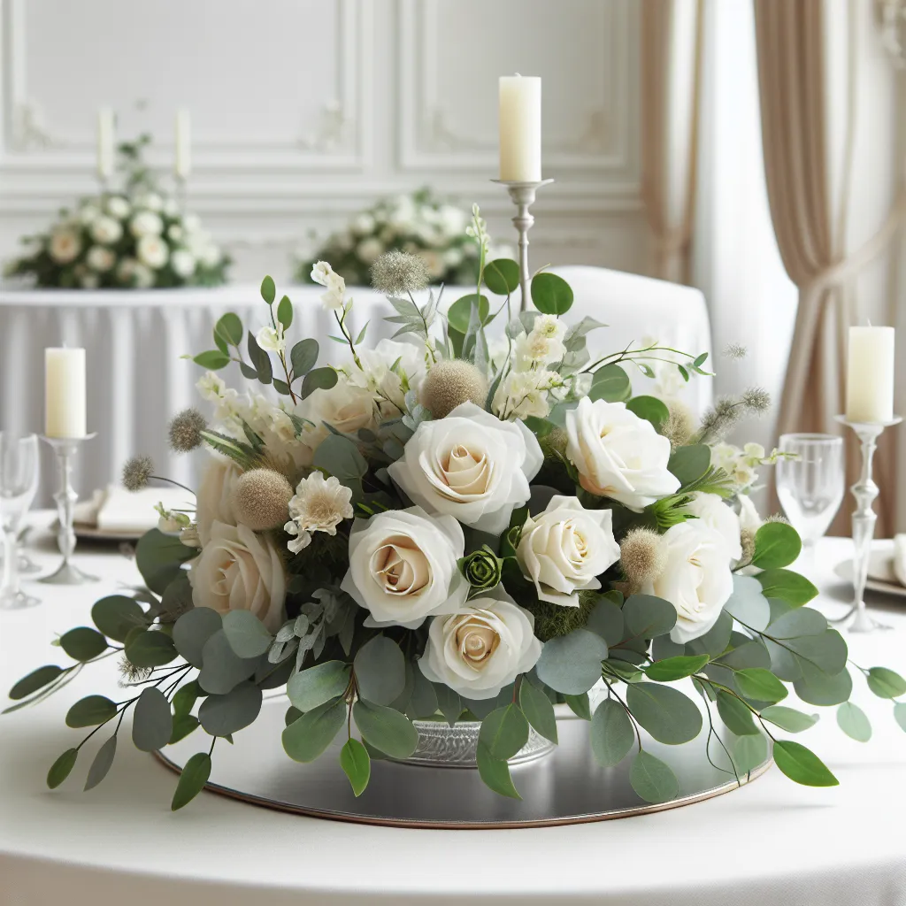 Arreglo floral con rosas blancas y follaje verde en una mesa de boda elegante.
