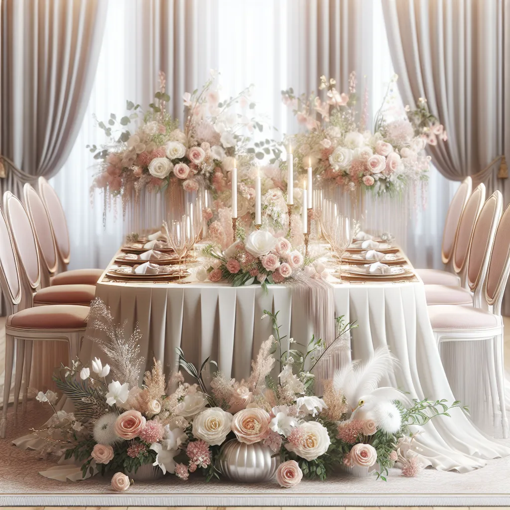 Imagen de una mesa de boda elegantemente decorada con arreglos florales en tonos suaves y románticos.