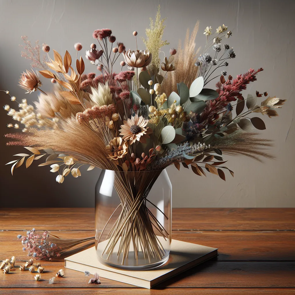 Arreglo floral con variedad de flores secas en jarrón de cristal sobre mesa de madera.