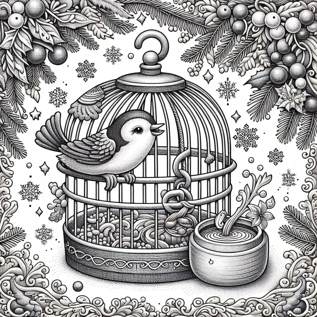 'Imagen de un pájaro cantando feliz en una jaula con comida y agua fresca, representando cuidados durante las vacaciones'.