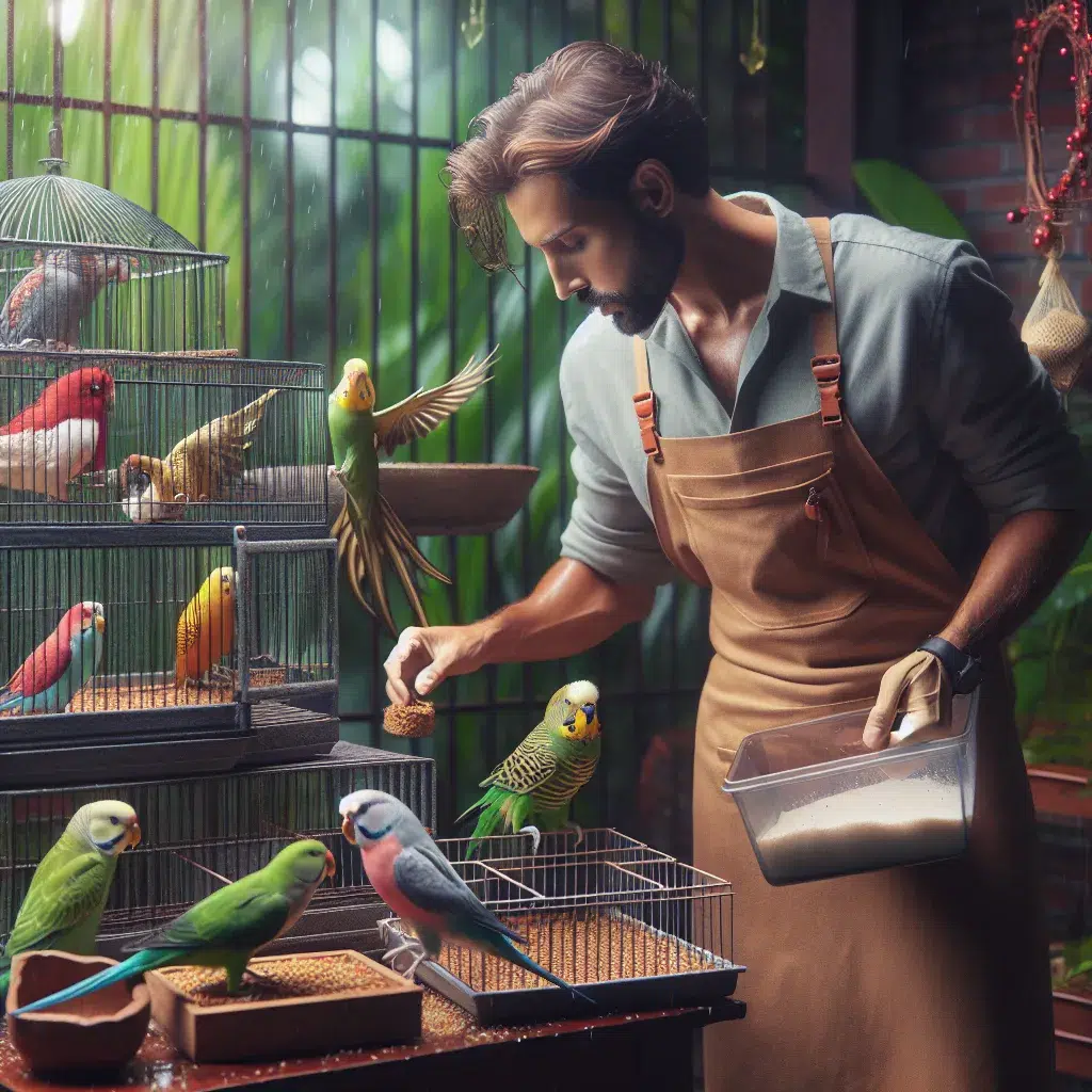 Imagen de un cuidador de aves colocando comida y agua en jaulas con pájaros, representando el cuidado de las aves durante las vacaciones.