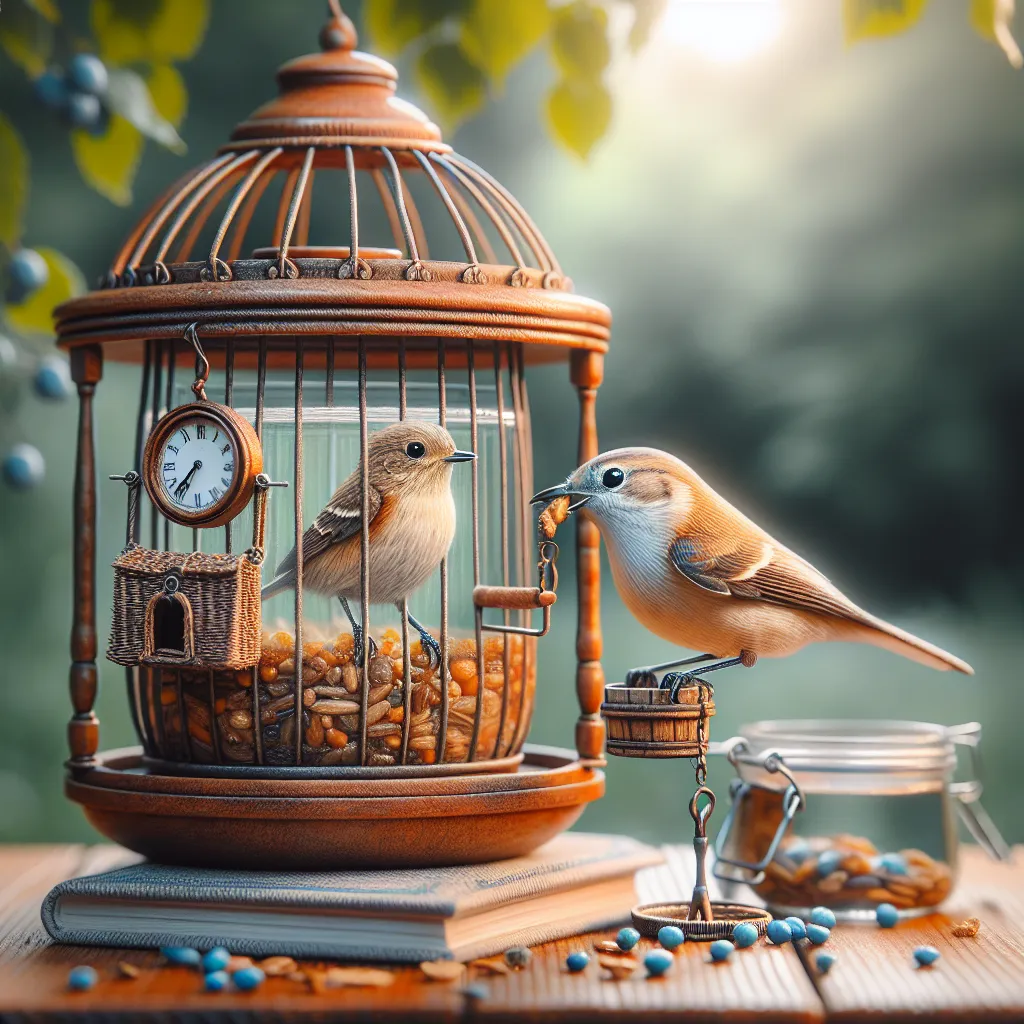 Imagen de un pájaro alimentándose en un comedero con el título 'Cómo asegurar el bienestar de tus pájaros mientras estás de viaje'.