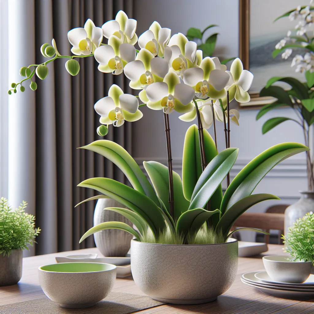 Imagen de una orquídea Dendrobium en un entorno hogareño, con hojas verdes brillantes y flores coloridas en primer plano, mostrando un cuidado adecuado de la planta en casa.
