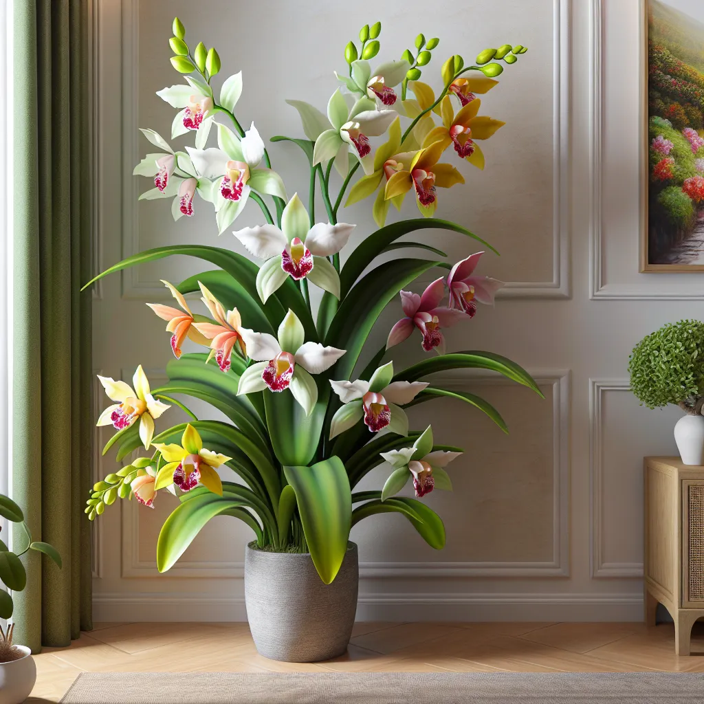Una orquídea Dendrobium floreciendo en un entorno hogareño, con hojas verdes brillantes y flores de colores variados.