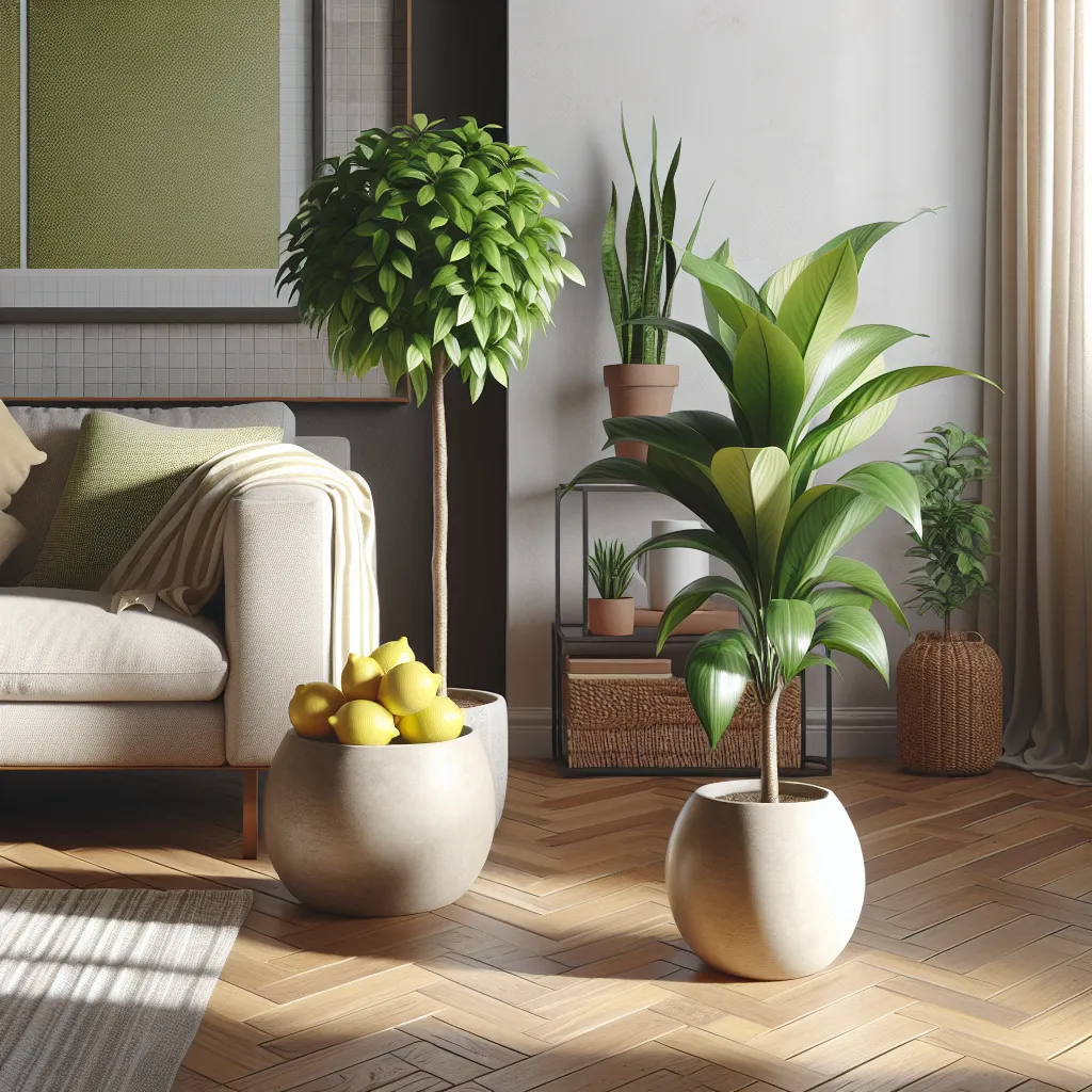 Imagen de dos plantas de Drácena Limón y Limón Lima en macetas colocadas en una sala bien iluminada.