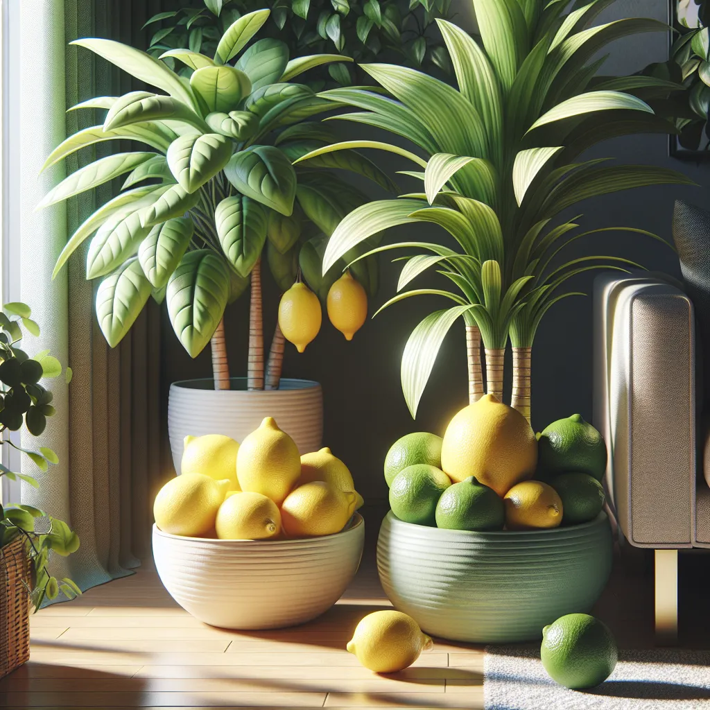 Imagen de una Drácena Limón y Limón Lima en un ambiente hogareño, con hojas verdes brillantes y un aspecto saludable, resaltando su belleza y fácil cuidado en interiores.