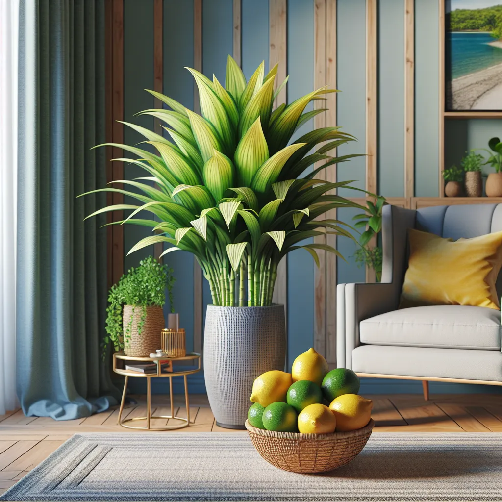 Imagen de una hermosa Drácena Limón y Limón Lima en un ambiente hogareño, con hojas verdes y amarillas vibrantes.