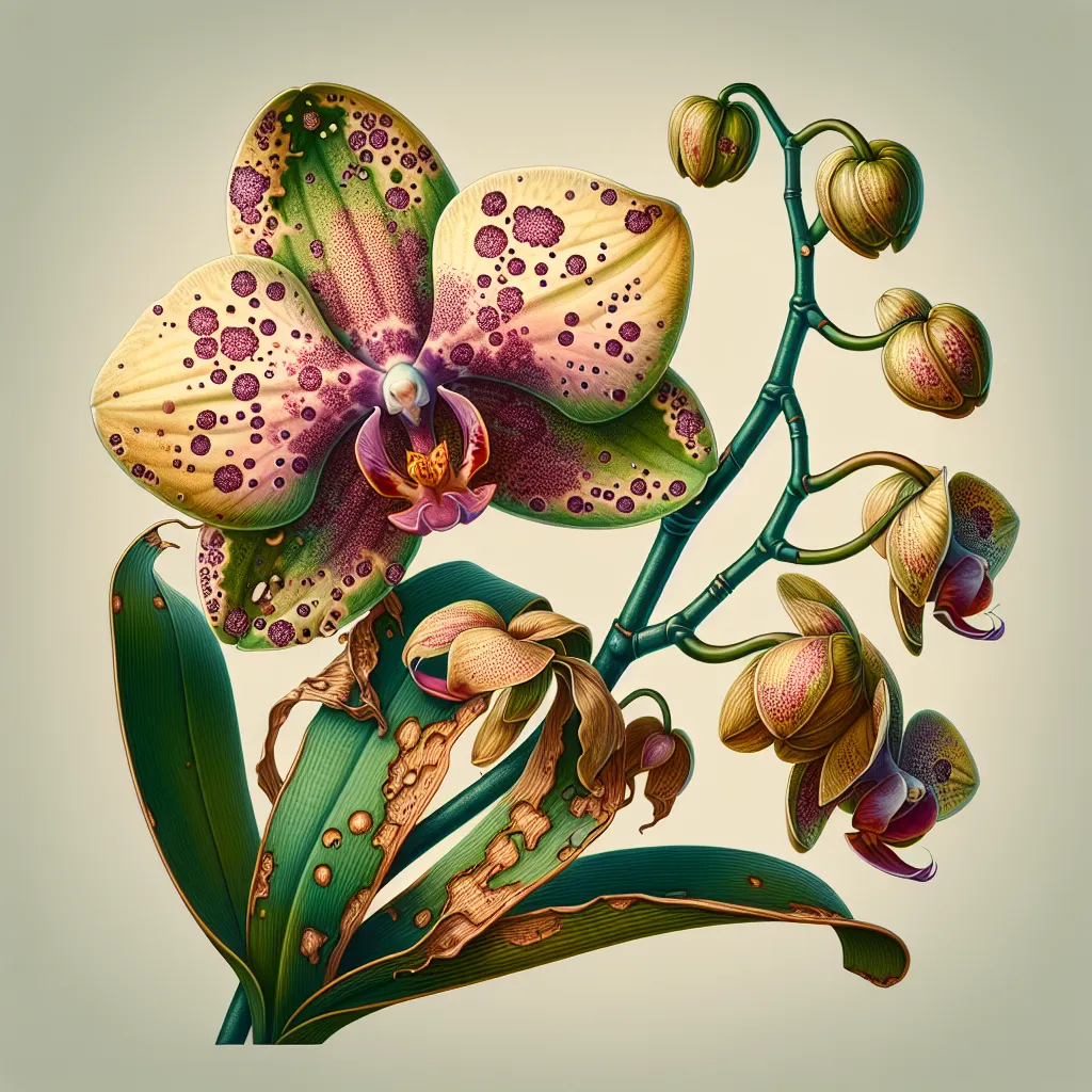 Imagen ilustrativa de una orquídea con hojas marchitas y manchas, representando enfermedades en las orquídeas.
