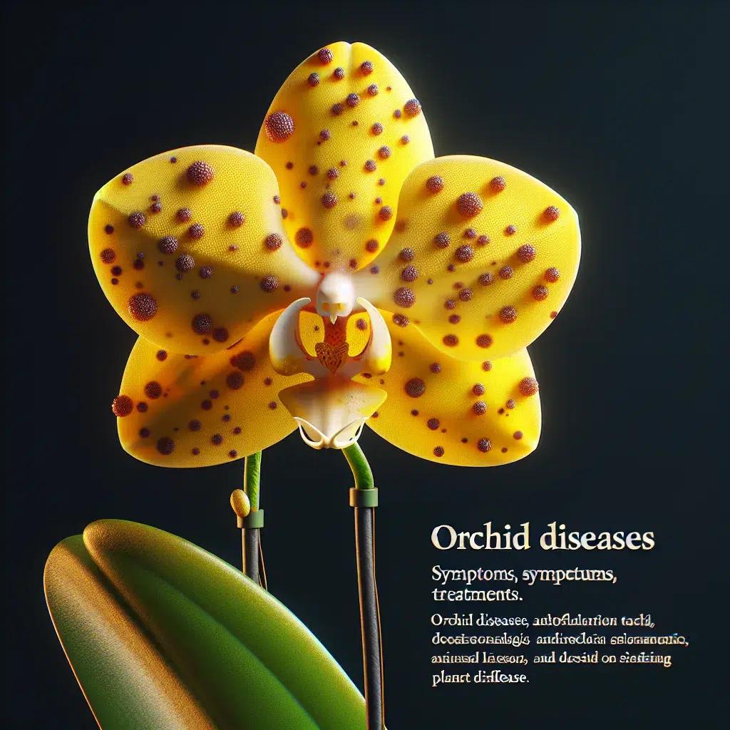 Orquídea con hojas amarillas y manchas, representación gráfica de enfermedad en plantas. Texto: Enfermedades de Orquídeas: Causas, síntomas y tratamientos.
