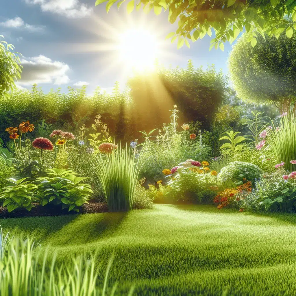 Imagen de un césped saludable y verde bajo el sol de verano, rodeado de plantas y flores, representando la prevención y tratamiento de enfermedades en el césped.