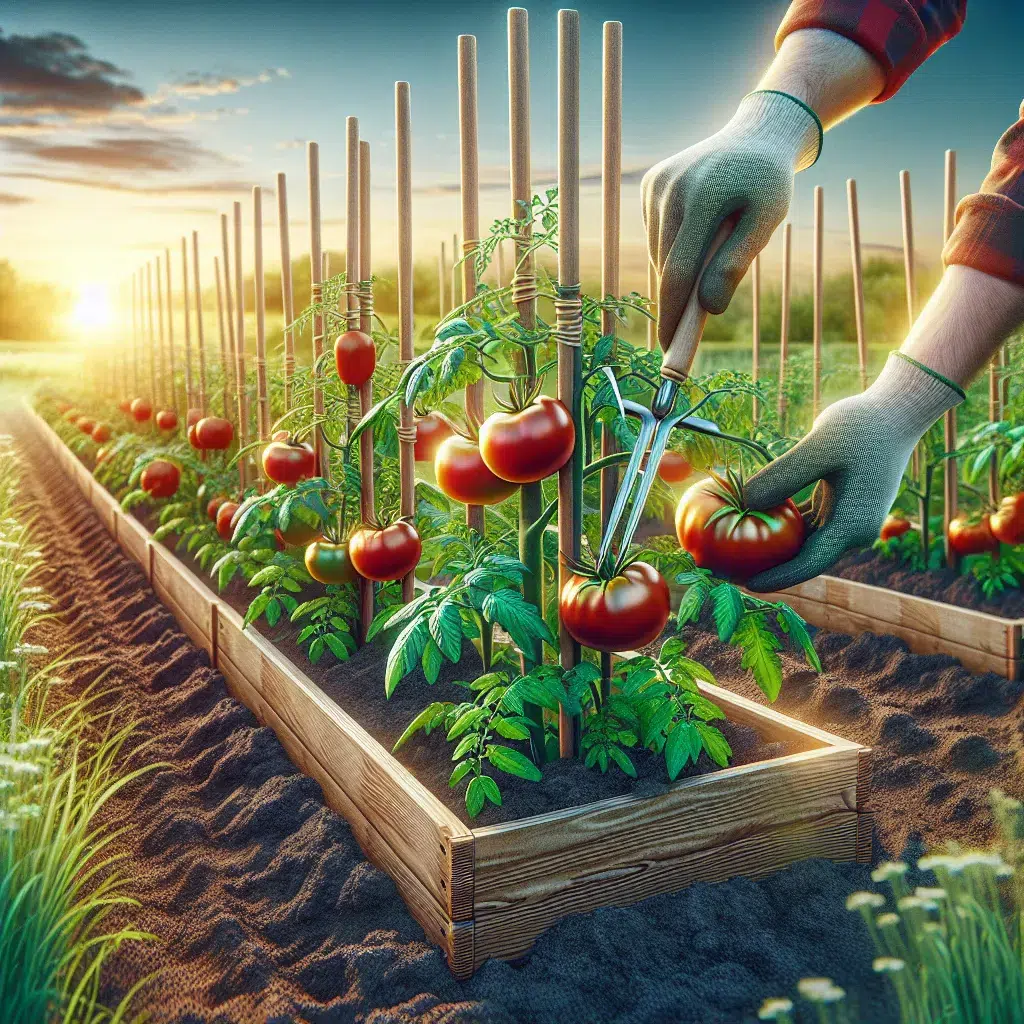 'Imagen de tomates siendo entutorados en un huerto, mostrando técnica correcta de entutorado para un crecimiento saludable y productivo.