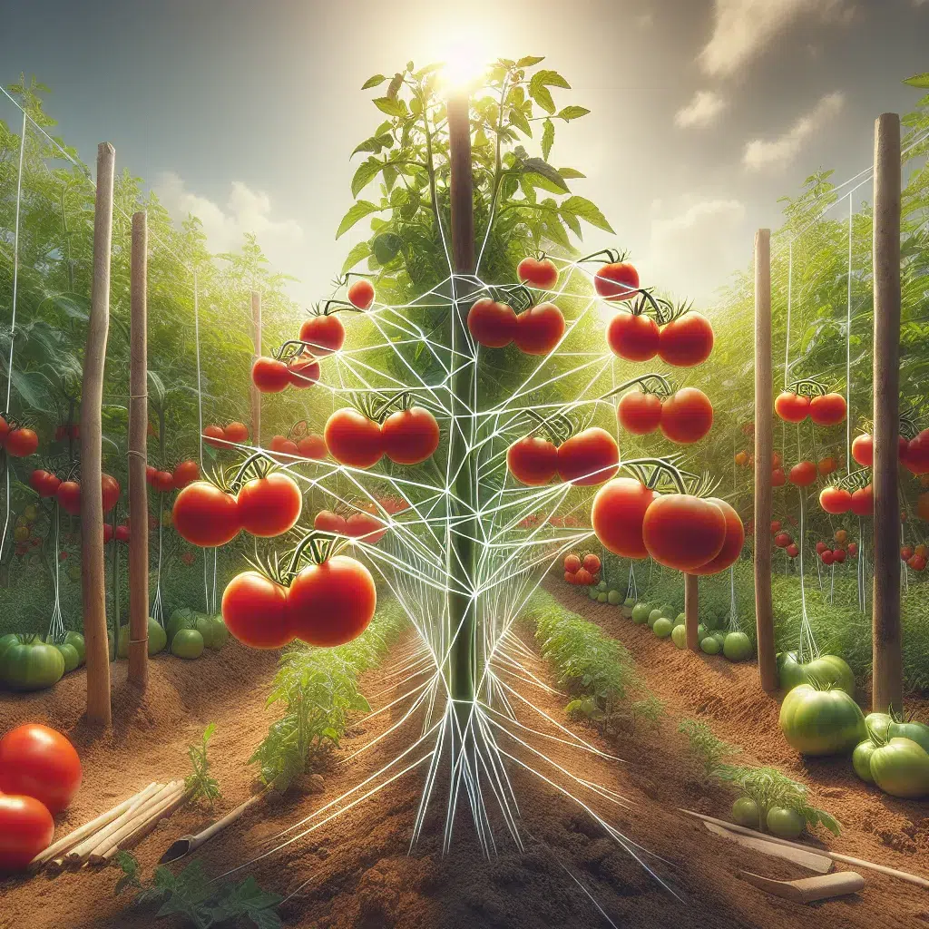 Imagen de tomates entutorados en un huerto, mostrando una técnica efectiva para guiar el crecimiento de las plantas de tomate de forma adecuada
