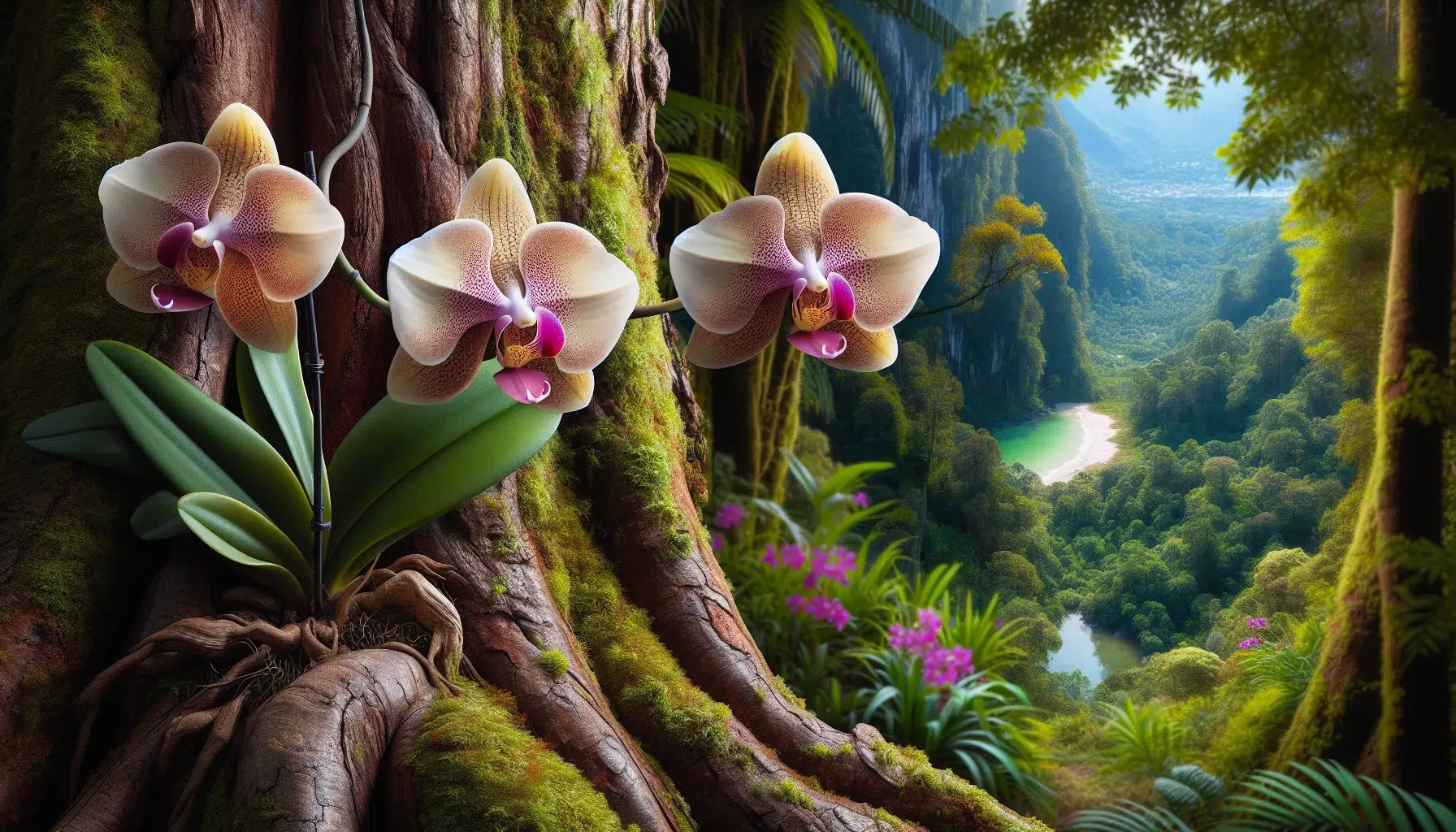 Una orquídea creciendo sobre el tronco de un árbol en la selva tropical.