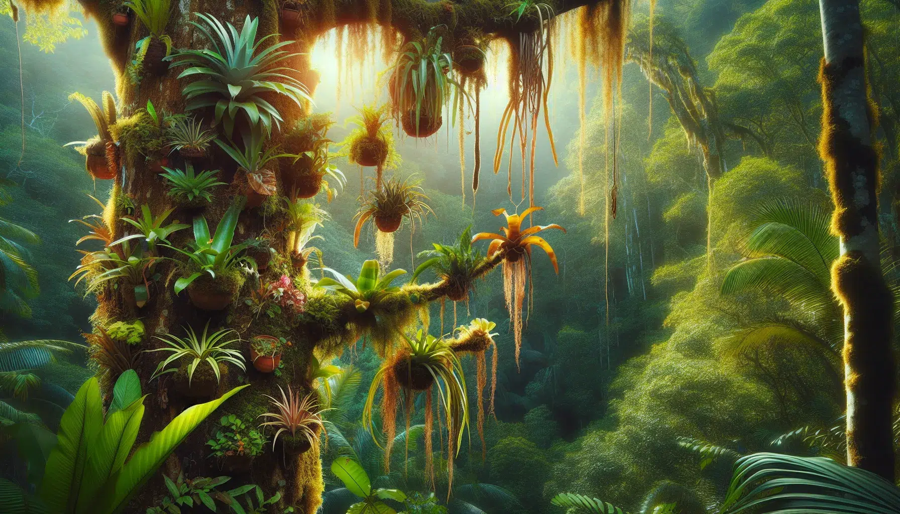 Imagen de varias epífitas en un árbol tropical, destacando su belleza y diversidad, acompañado del título Explorando el fascinante mundo de las epífitas y su asombrosa adaptación al entorno.