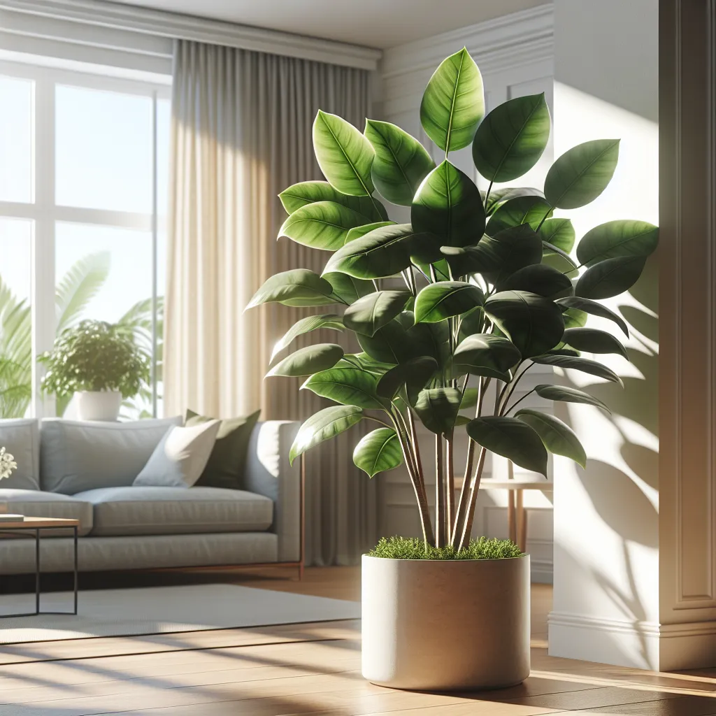Imagen de un Ficus Elástica Robusta saludable y vibrante en un espacio interior bien iluminado, con hojas brillantes y exuberantes.