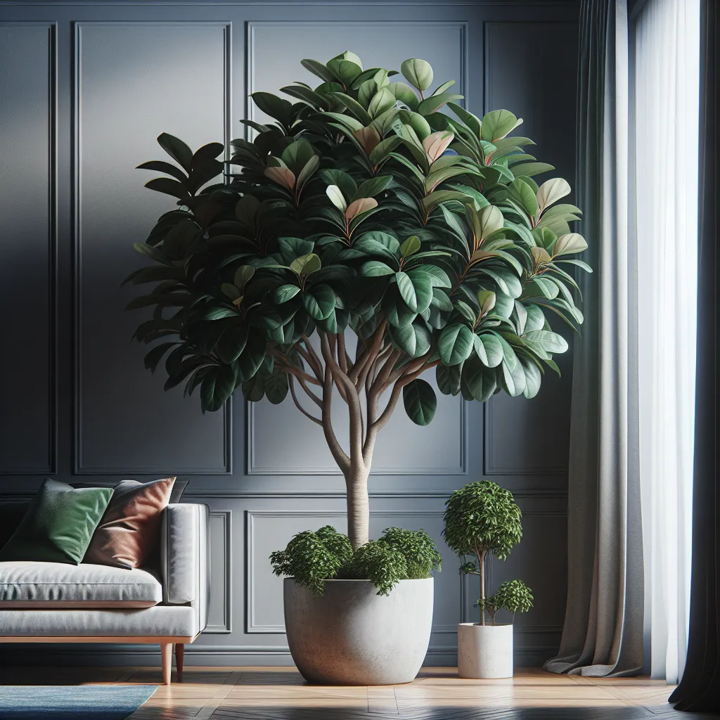Foto de alta calidad de un Ficus Elástica Robusta en un interior bien iluminado con maceta decorativa y follaje exuberante.