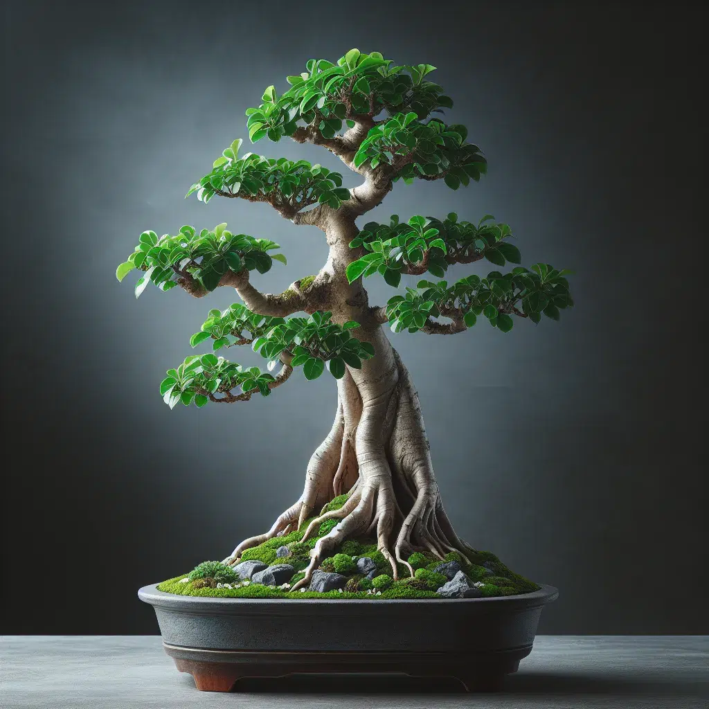 Imagen de un hermoso Ficus Ginseng cuidado con esmero, con hojas verdes brillantes y tronco esculpido, representando un bonsái saludable.