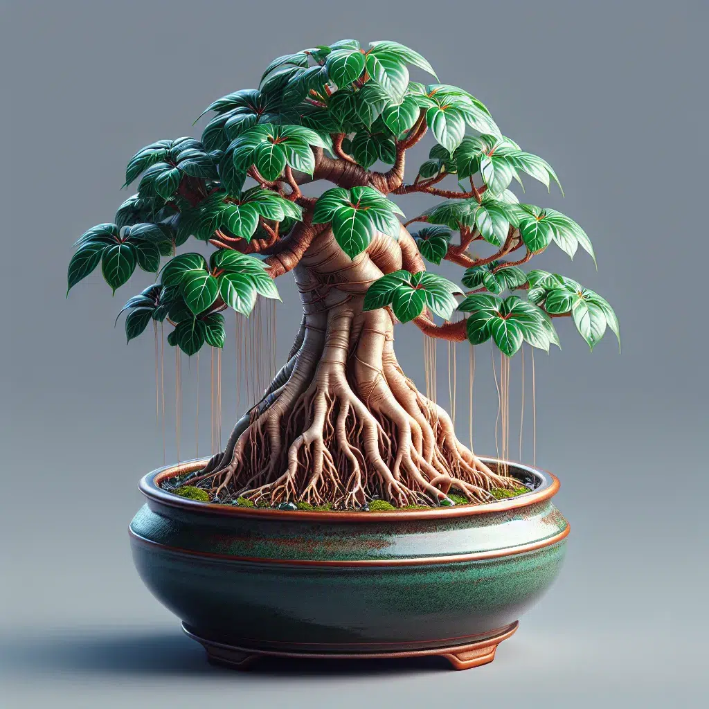 Bonsái Ficus Ginseng con hojas brillantes y raíces expuestas en maceta de cerámica, reflejando cuidados y atención constante para su salud y bienestar.