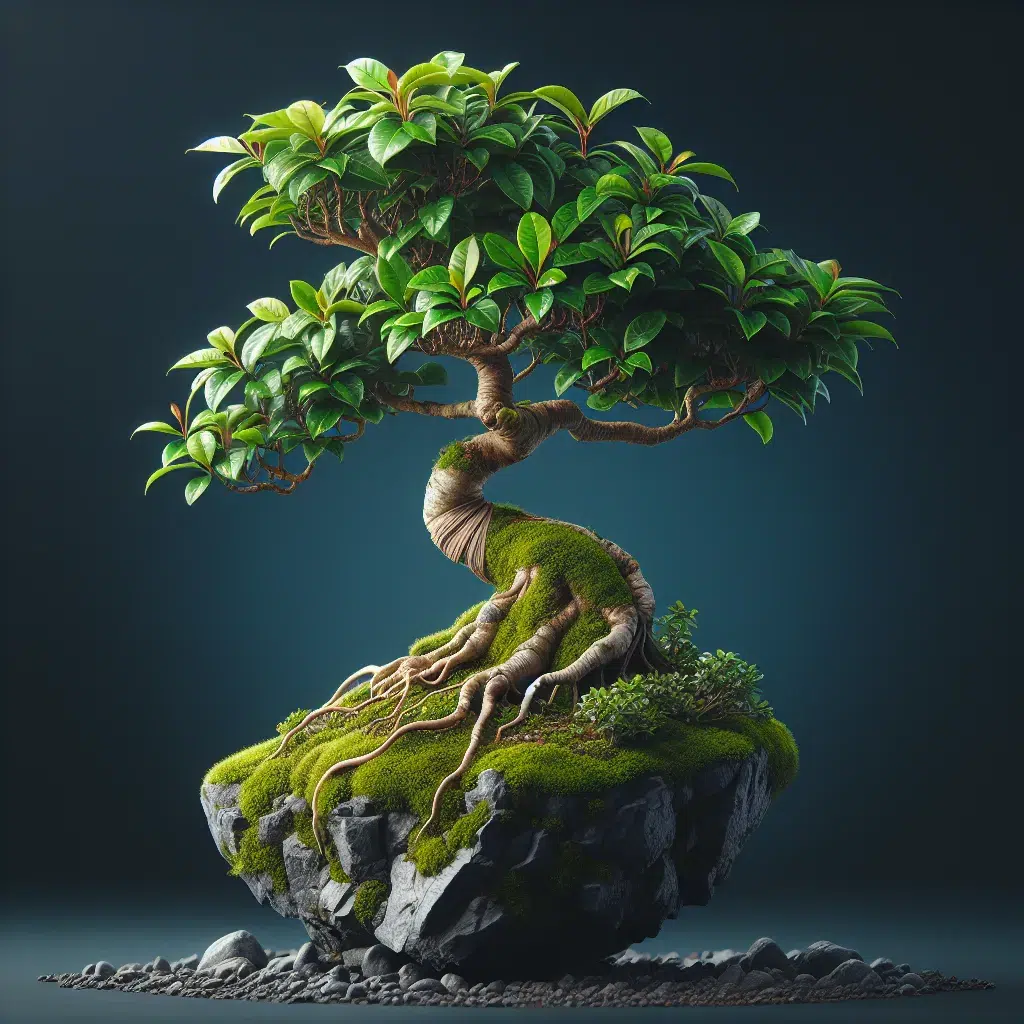 Imagen de un Ficus Ginseng cuidado con delicadeza y precisión para mostrar un bonsái saludable y lleno de vida.
