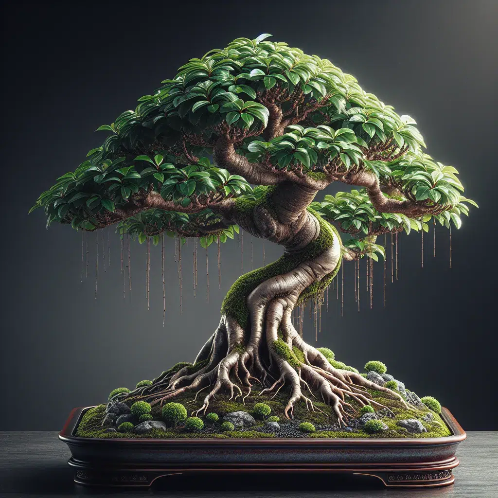 Imagen de un Ficus Ginseng cuidado con delicadeza, reflejando un bonsái vigoroso y saludable.