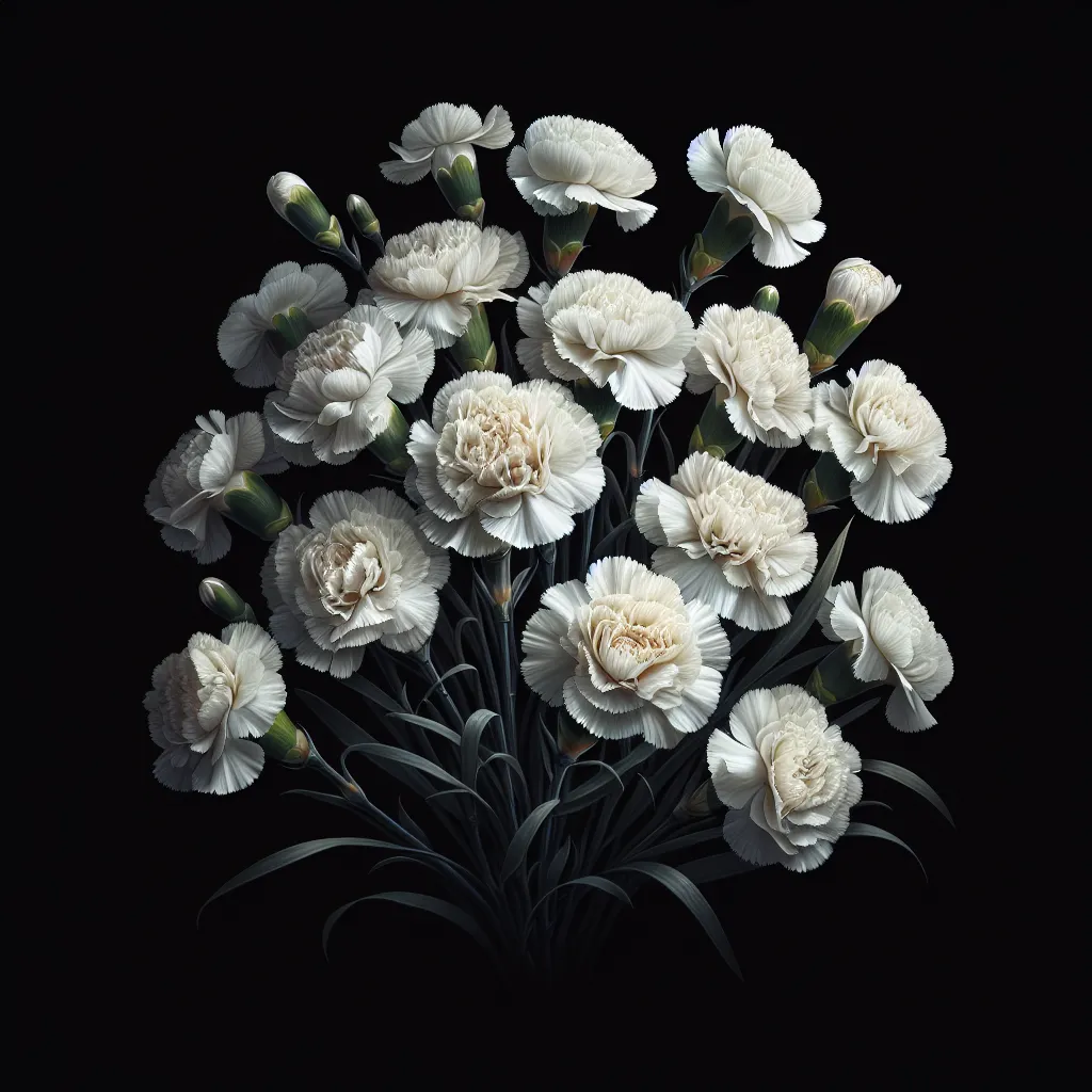 Un ramo de claveles blancos sobre fondo negro en memoria de seres queridos fallecidos.